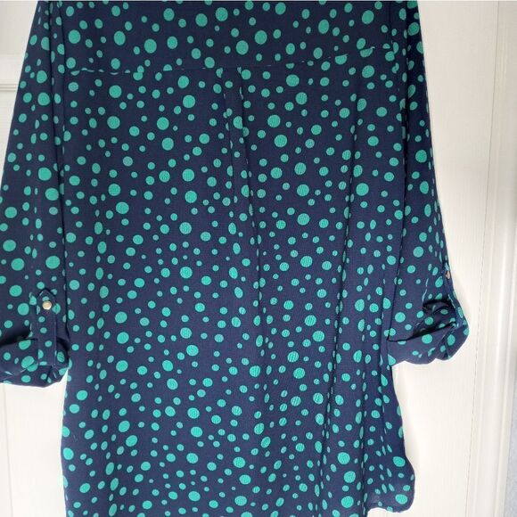 Cathy Womens Size L Blue Green Polka Dot Zippered Blouse Roll Tab Sleeve Pockets - Picture 5 of 5